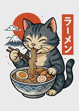 Cat Eating Ramen Poster Japanese Style Wall Art Cute Anime Cat Print Fuji Decor