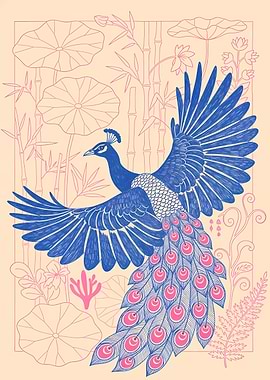 Peacock in Flight with Floral Background