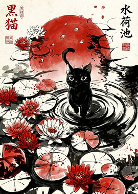 Black Cat in Lily Pond Illustration