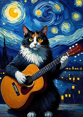 Cat playing guitar, Starry Night style