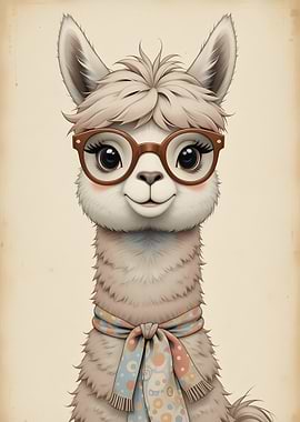 Llama with Glasses and Scarf, vintage style