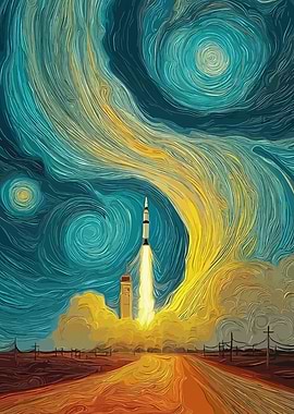 Rocket Launch in Starry Night Style