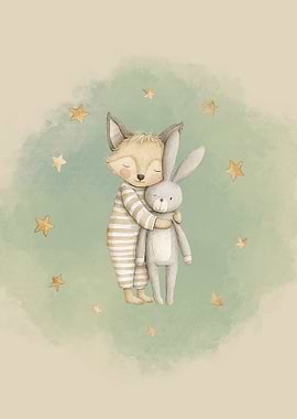 Fox and Rabbit Hug Illustration