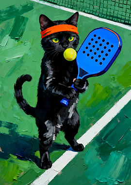 Black Cat Tennis Player Painting