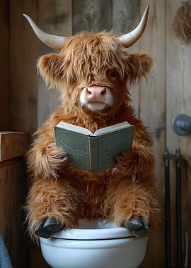 Highland Cow Reading on Toilet