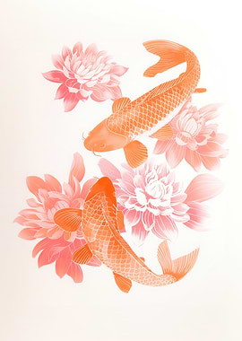 Tender Koi Fish and Lotus Flower Illustration
