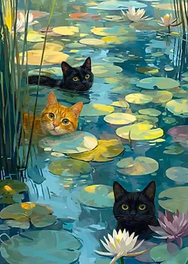 Cats in Lily Pond Painting