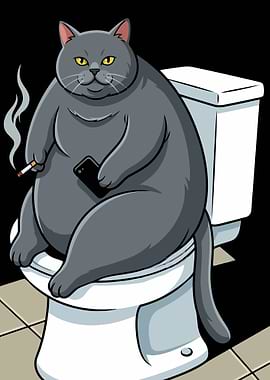 Cat on Toilet Smoking Cigarette