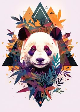 Panda Portrait with Geometric Floral Design
