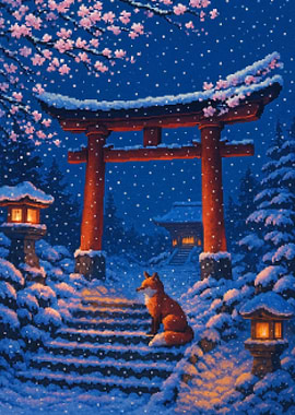 Fox by the Torii Gate in Winter Japanese Landscape