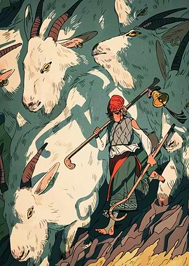 Shepherd with Goats Illustration