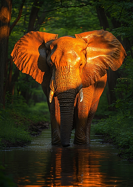 Elephant in Forest Stream at Sunset
