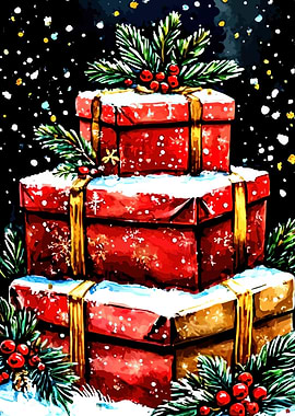 Stacked Christmas Presents Watercolor Painting