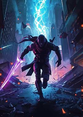 Cyberpunk Ninja in Destroyed Cityscape