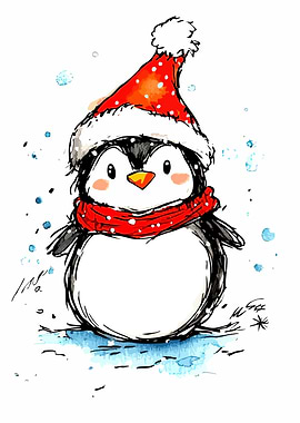 Festive Penguin Watercolor Illustration