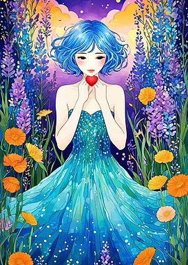 Blue-haired girl with heart in garden