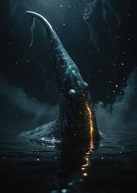 Cosmic Whale Emerging — Surreal Bioluminescent Sea Creature Illustration