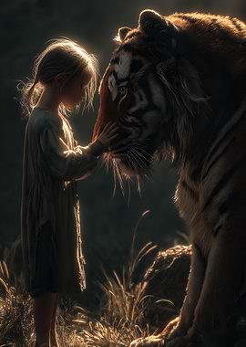 Girl and Tiger Touching Faces