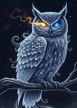 Mystical Owl with Heterochromia and Stardust