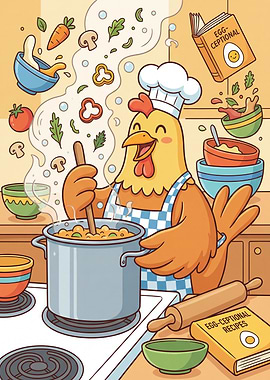 Chicken Chef Cooking Cartoon Illustration