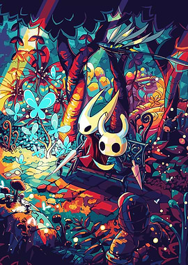 Hollow Knight characters in colorful forest