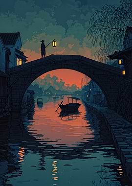Tranquil Asian Canal Scene at Dusk