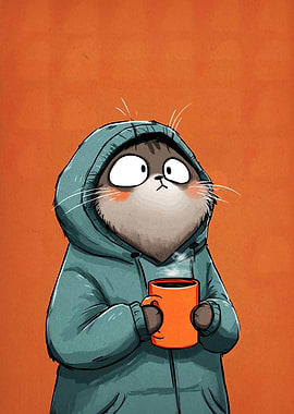 Cartoon Cat with Coffee