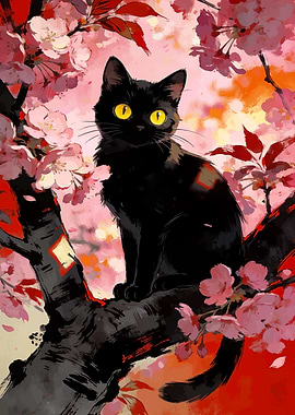 Black cat in cherry blossom tree