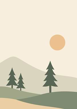 Minimalist Landscape with Trees and Sun