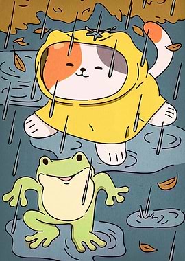 Cat and Frog in the Rain