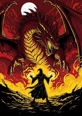 Wizard facing a red dragon