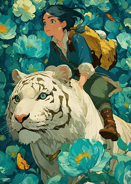 Anime Girl Riding White Tiger