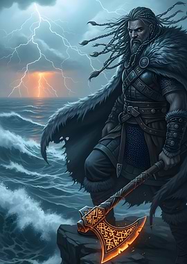 Viking Warrior on Cliff with Axe