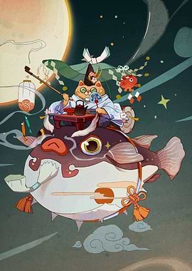 Cat on Fugu Fish with Tea