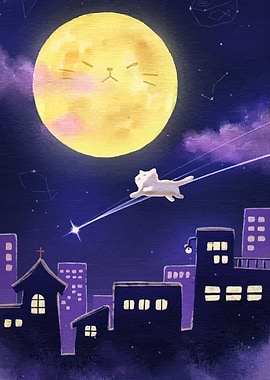Cat flying over city at night
