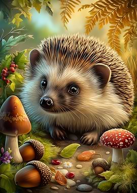 Cute Hedgehog in Autumn Forest Scene