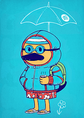 Duck Cartoon Character with Umbrella