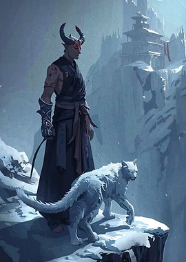 Horned Figure with White Wolf in Snow