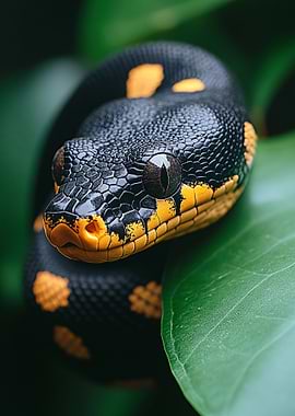 Black and Yellow Snake on Leaf
