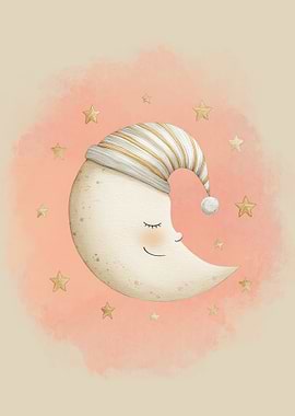 Sleeping Moon with Stars Illustration