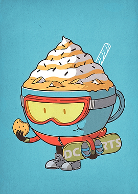 Cartoon Coffee Cup Snowboarder with Cookie