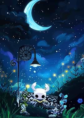 Hollow Knight on a bench at night