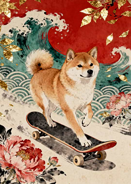 Shiba Inu on Skateboard Art