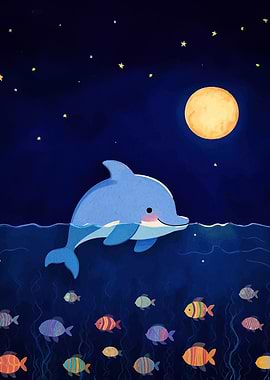 Cute Dolphin Under Moonlight Illustration