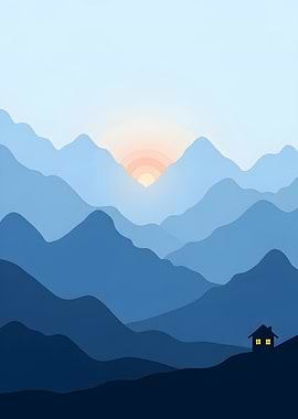 Blue Mountain Landscape with Cabin