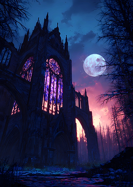 Gothic Cathedral Ruins Under Moonlight