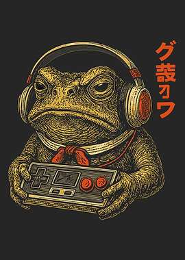 Frog Gamer Poster Japanese Style Wall Art Frog with Headphones Retro Gaming Print