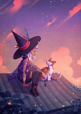Whimsical Witch and Cat on Rooftop