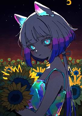 Anime Girl with Cat Ears in Sunflowers