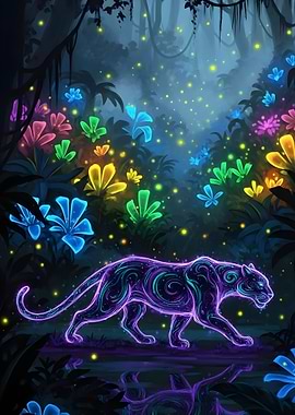 Neon Panther in Enchanted Jungle
